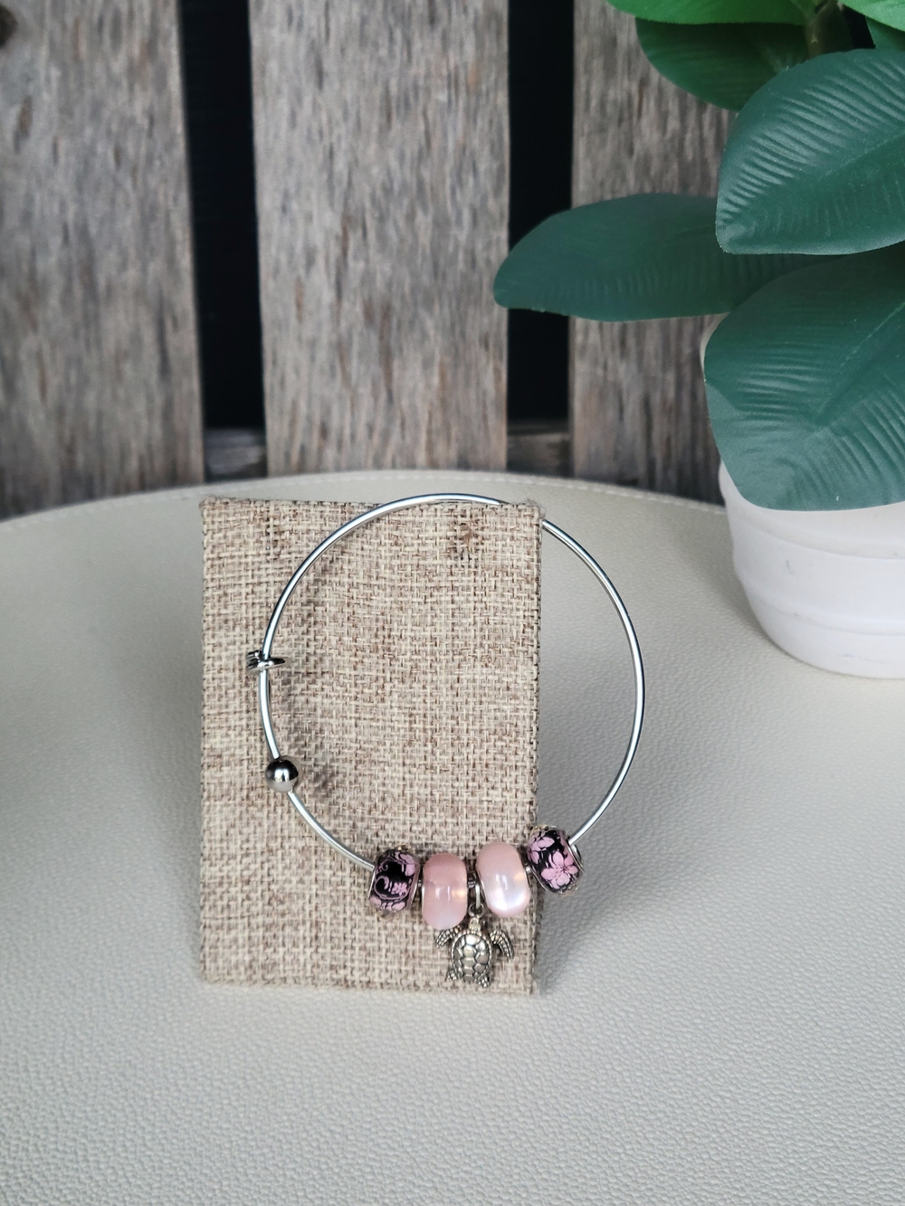 Silver Bangle Bracelet with Pink Glass Beads & Turtle Charm